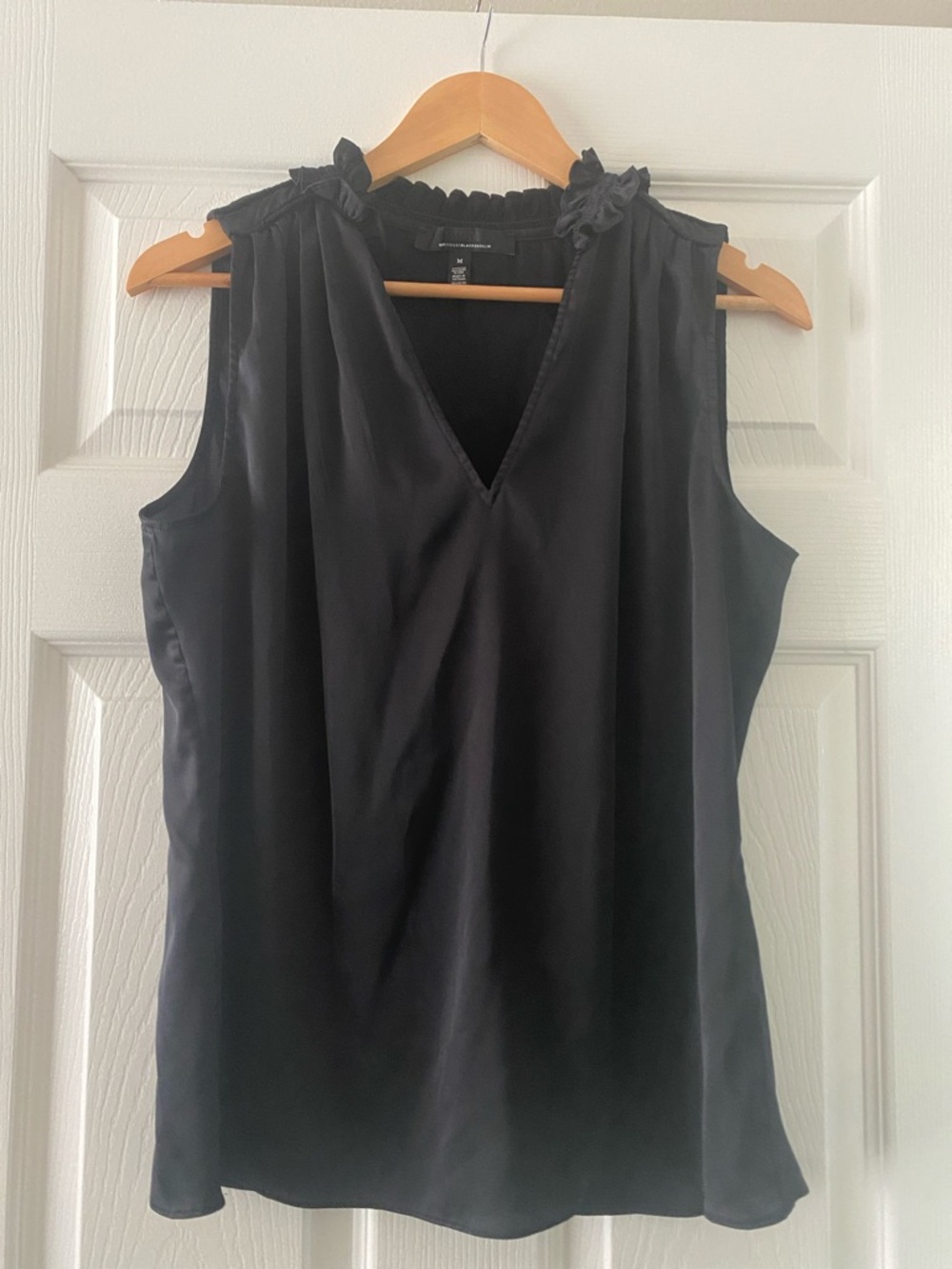 White House Black Market Black Sleeveless V-Neck Ruffle Collar Top